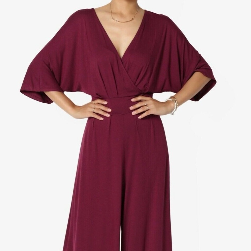 Women's Plum V-Neck Surplice Jumpsuit Stretchy Soft